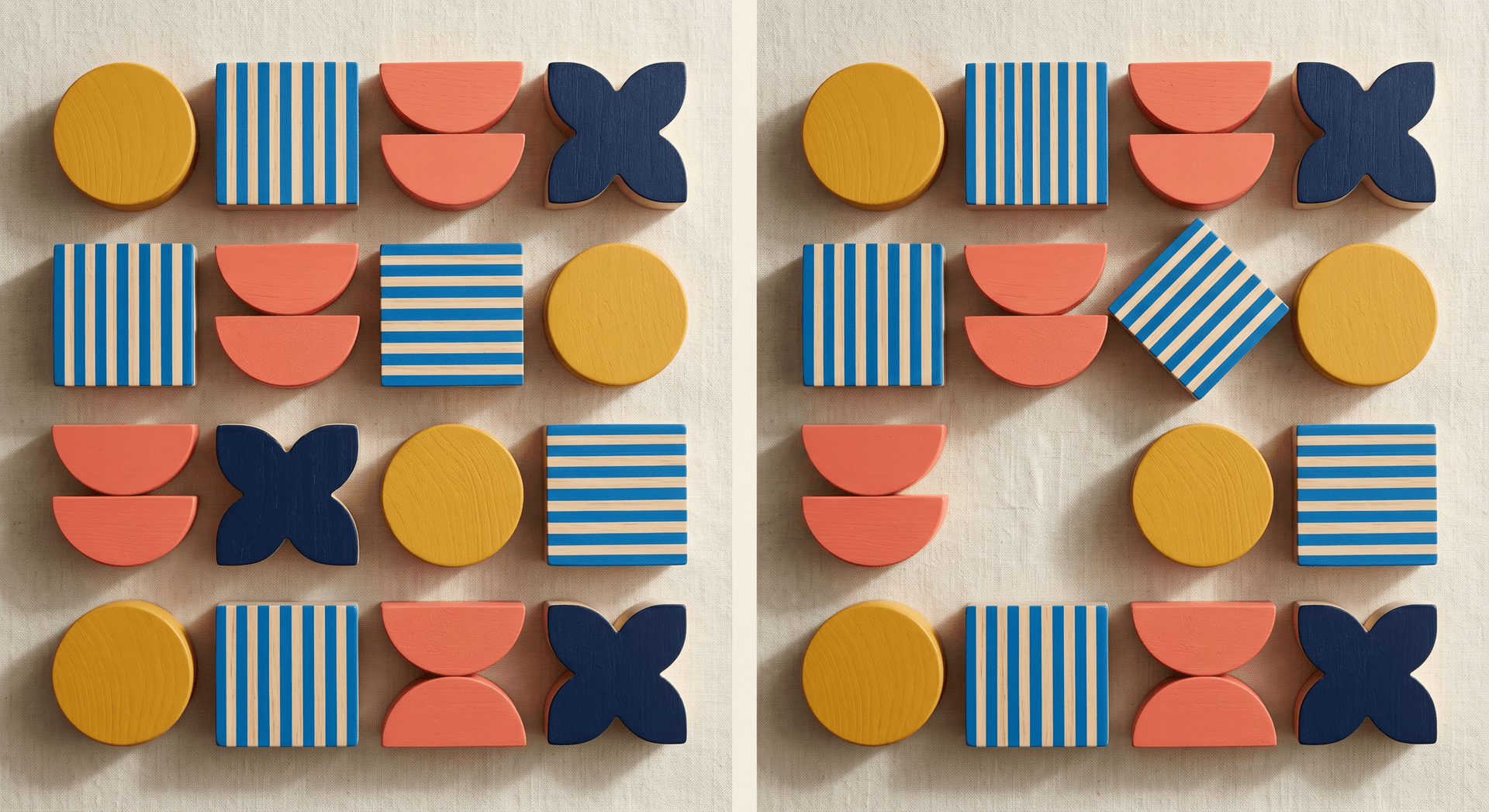 Orderly grid of Bauhaus blocks on the left mirrored by a disrupted grid with misaligned pieces on the right
