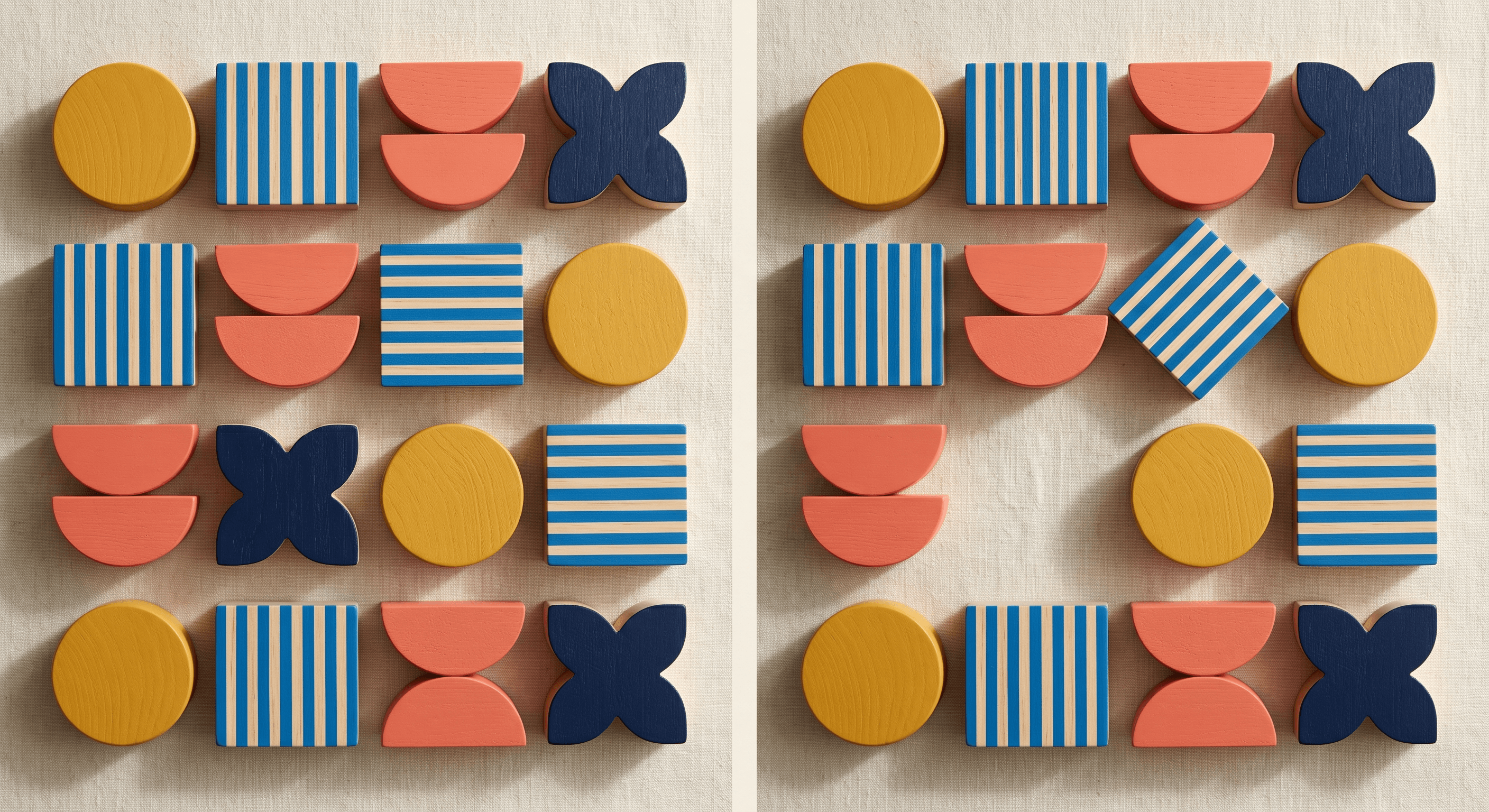 Orderly grid of Bauhaus blocks on the left mirrored by a disrupted grid with misaligned pieces on the right